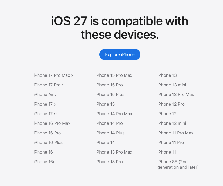 iOS 27 适配机型列表